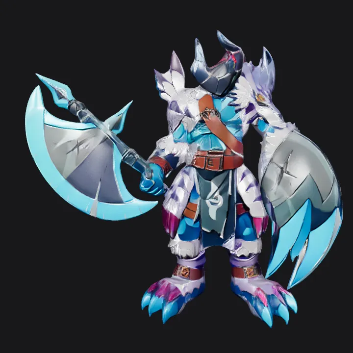 Wolf-like warrior with axe and shield. sharp edges, complex geometry, game-ready, character.