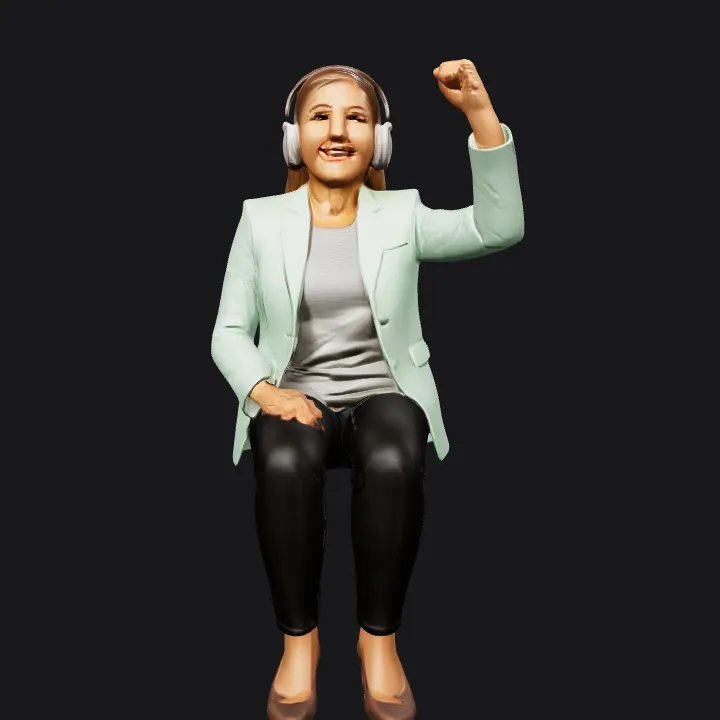 Businesswoman wearing headphones sitting and raising arm. smooth edges, complex geometry, character.