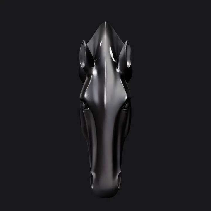 Black horse head sculpture. smooth edges, simple geometry, symmetric geometry.