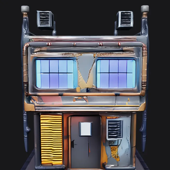 Futuristic two-story building. sharp edges, complex geometry, game-ready.