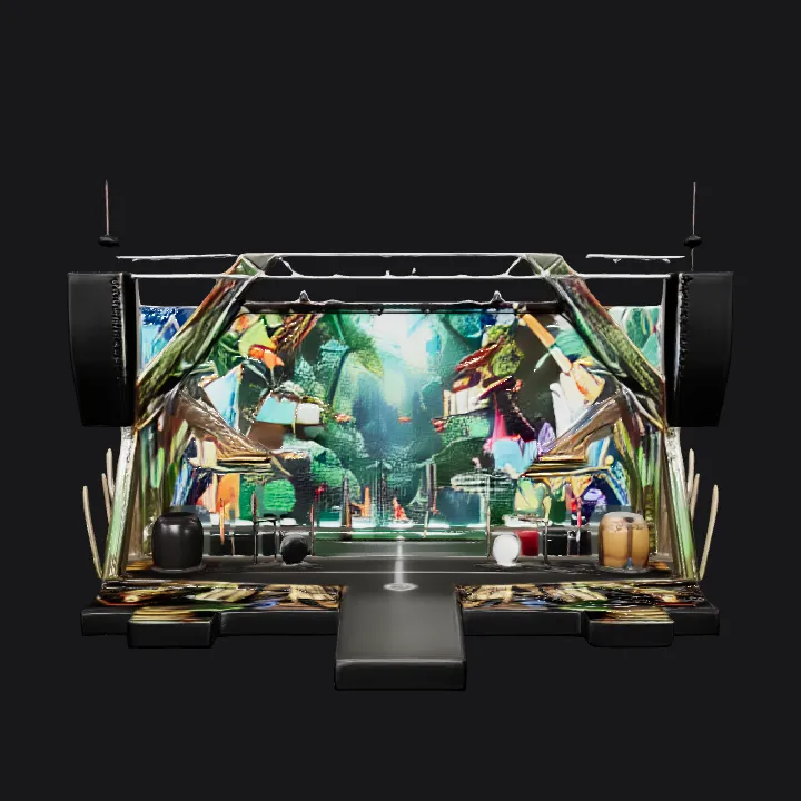 concert stage with musical instruments. sharp edges, complex geometry, game-ready, symmetric geometry.