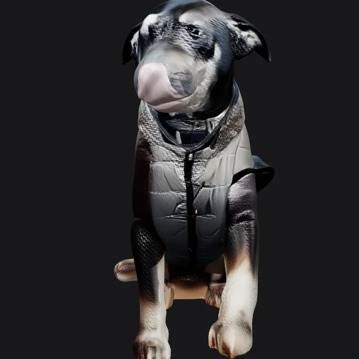 A dog wearing a jacket indoors. smooth edges, complex geometry, character.
