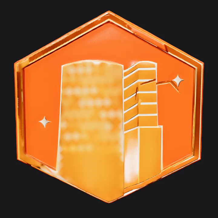 Modern building in hexagonal logo style. sharp edges, simple geometry, game-ready.