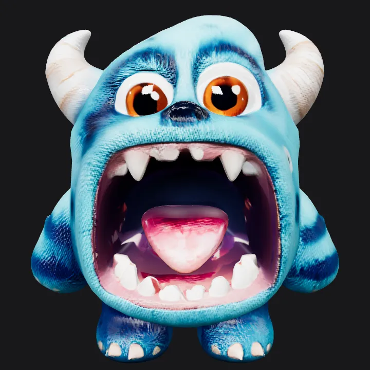 Cute blue cartoon monster with open mouth. smooth edges, complex geometry, game-ready, character, symmetric geometry.