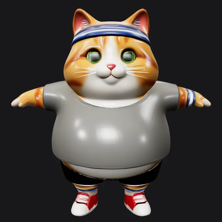 Anthropomorphic cat in athletic outfit. smooth edges, simple geometry, game-ready, character, symmetric geometry.