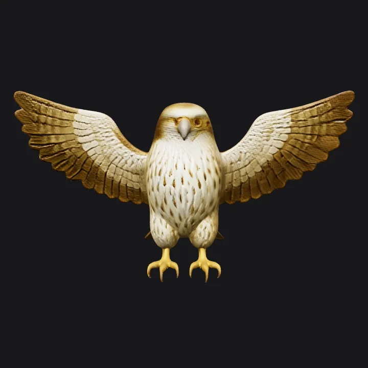 A hawk perched with wings spread. complex geometry, smooth edges, symmetric geometry.
