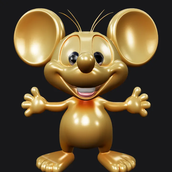 Golden cartoon mouse character. smooth edges, complex geometry, game-ready, character, symmetric geometry.