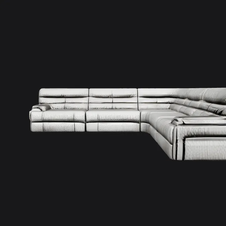 Modern grey corner sectional sofa. smooth edges, complex geometry.