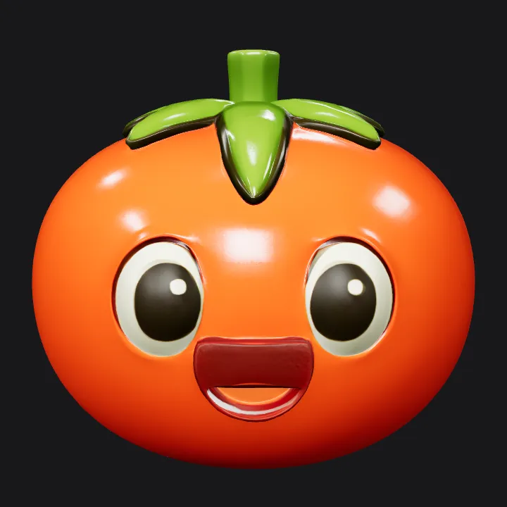 Cartoon tomato with a smiling face. smooth edges, simple geometry, game-ready, character, symmetric geometry.