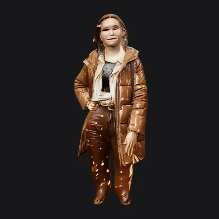 A person standing in a winter forest with animals. complex geometry, character.