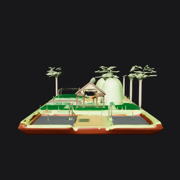 A stylized farm with crops and trees. smooth edges, complex geometry, game-ready.