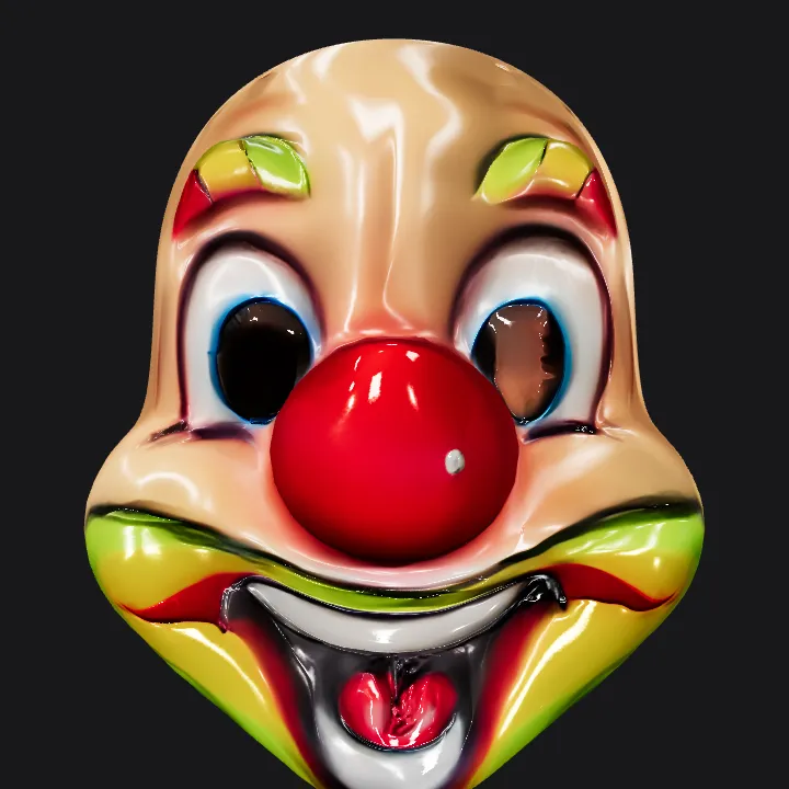 Colorful clown face mask with big nose. smooth edges, simple geometry, character, symmetric geometry.