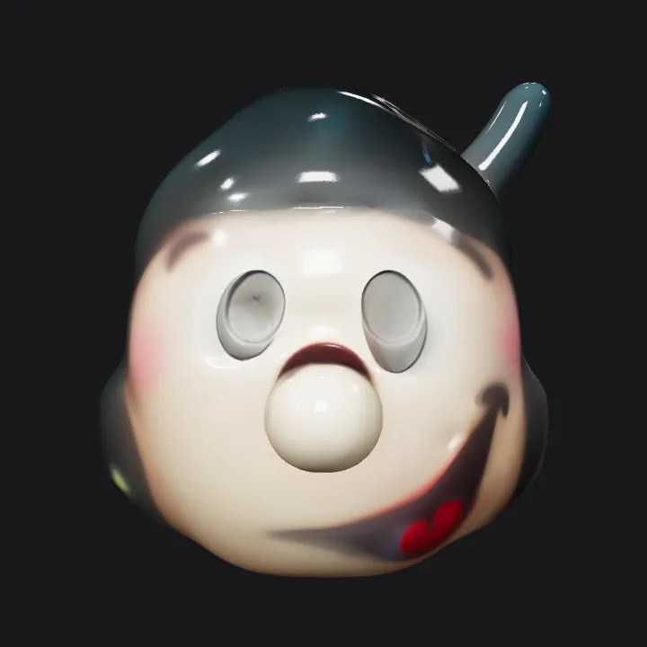 Painted egg-shaped object with red flower design. smooth edges, simple geometry, symmetric geometry.