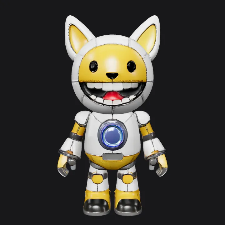 Cute robotic cat character toy. smooth edges, complex geometry, game-ready, character, symmetric geometry.