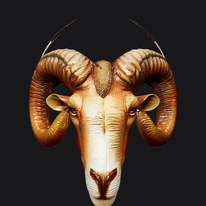 A ram with ornate, curled horns. smooth edges, complex geometry, game-ready, character, symmetric geometry.
