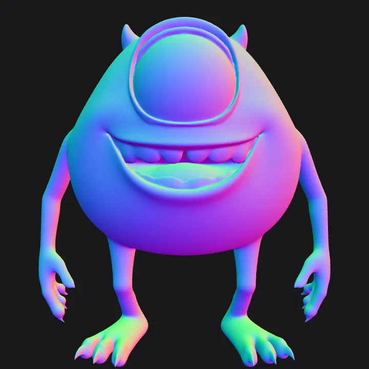 Green one-eyed cartoon monster character. smooth edges, complex geometry, game-ready, character, symmetric geometry.