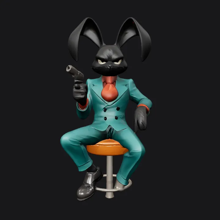 Anthropomorphic rabbit in a suit holding gun. complex geometry, smooth edges, character.