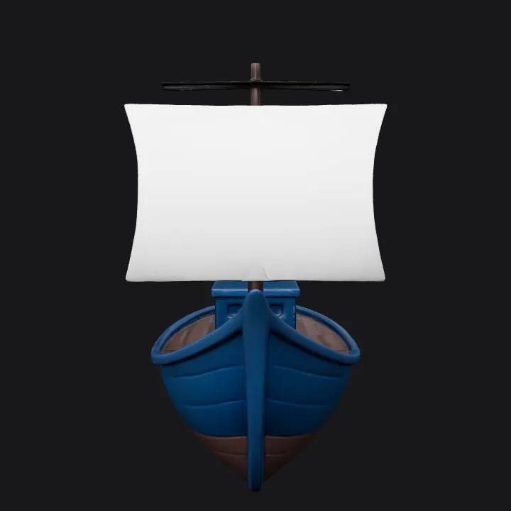 cartoon-style sailboat with blue hull. smooth edges, simple geometry, game-ready, symmetric geometry.