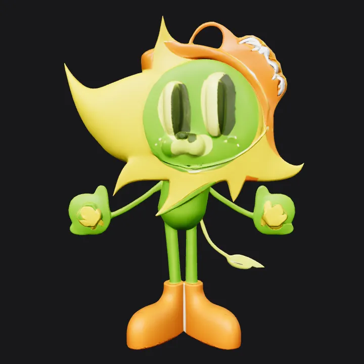 Cartoon sunflower character with boots and hat. simple geometry, character.