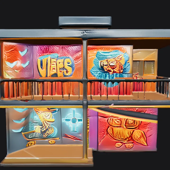 Graffiti-covered two-story building at night. sharp edges, complex geometry.