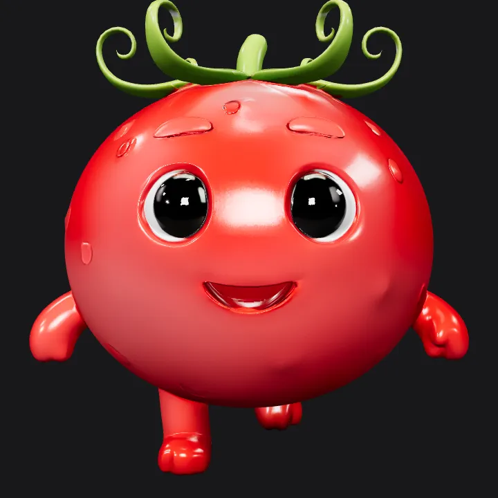Cute tomato character with eyes, mouth, legs. smooth edges, simple geometry, game-ready, character.