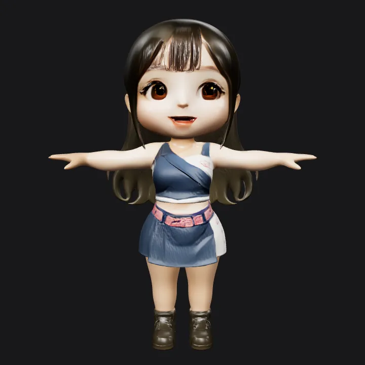 chibi-style girl in navy blue outfit. smooth edges, complex geometry, character.