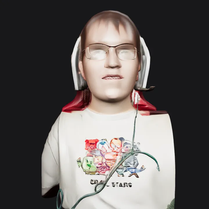 child wearing Brawl Stars T-shirt, sitting. smooth edges, complex geometry, character.