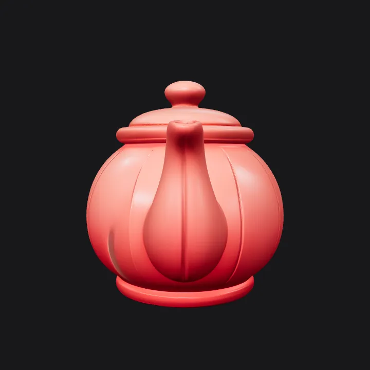 A red teapot on black background. smooth edges, simple geometry, game-ready.