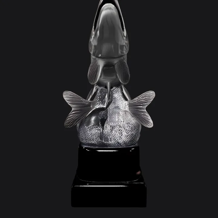 Fish sculpture on a pedestal. smooth edges, complex geometry, symmetric geometry.