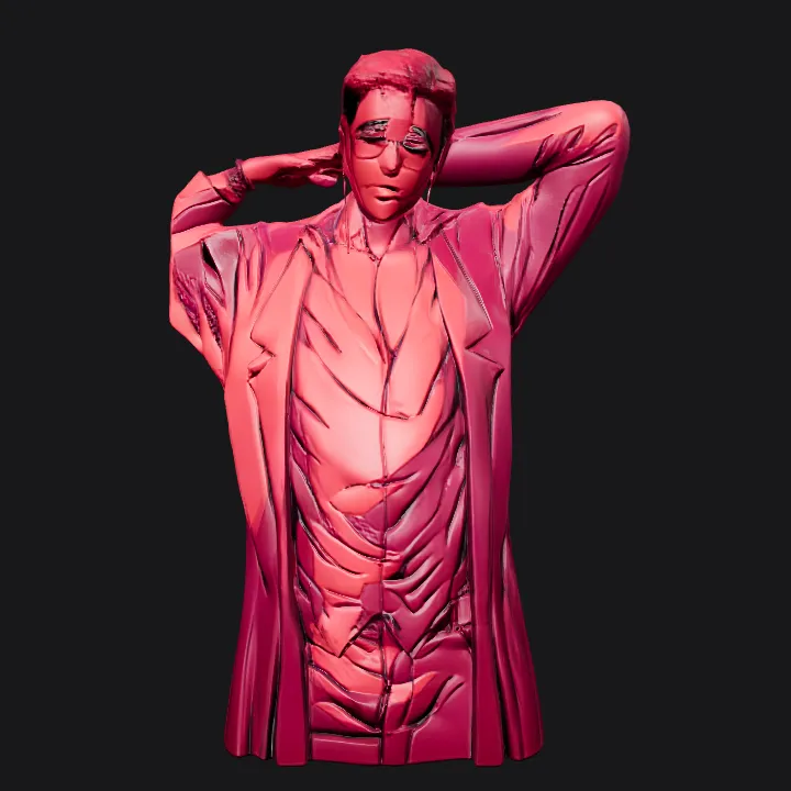 person in a long coat with hands behind head. smooth edges, complex geometry, character.