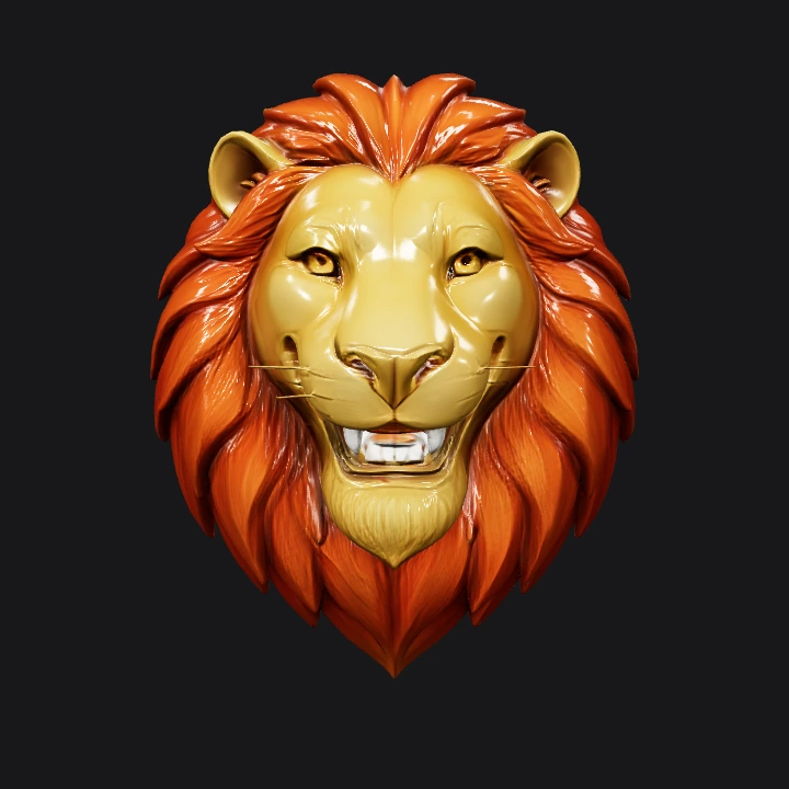 Stylized lion's mane emblem with gold ears. sharp edges, smooth edges, complex geometry, symmetric geometry.
