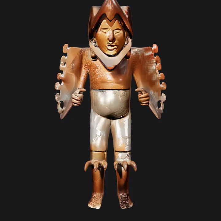 Ancient humanoid ceramic figure with winged arms. smooth edges, complex geometry, character, symmetric geometry.