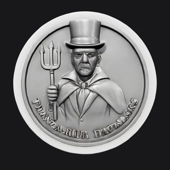 A coin featuring a person in a cape and top hat. sharp edges, complex geometry, character, symmetric geometry.