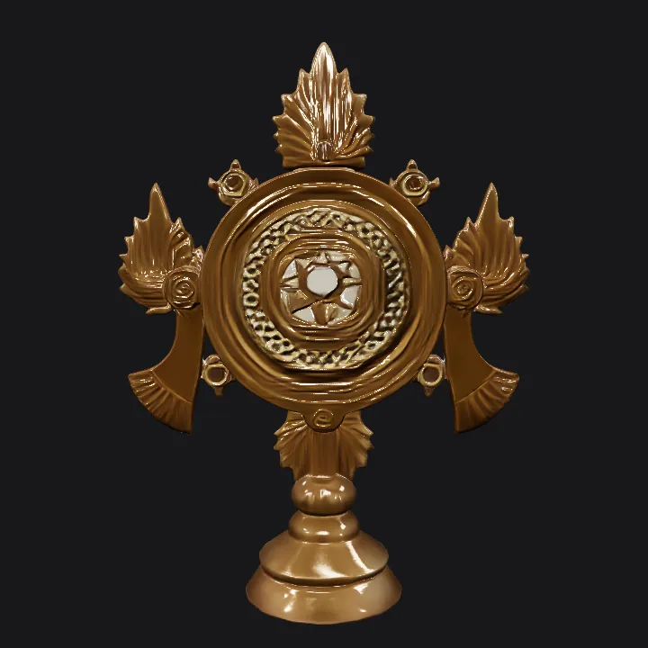 Ornate decorative golden trophy-like object. sharp edges, complex geometry, symmetric geometry.