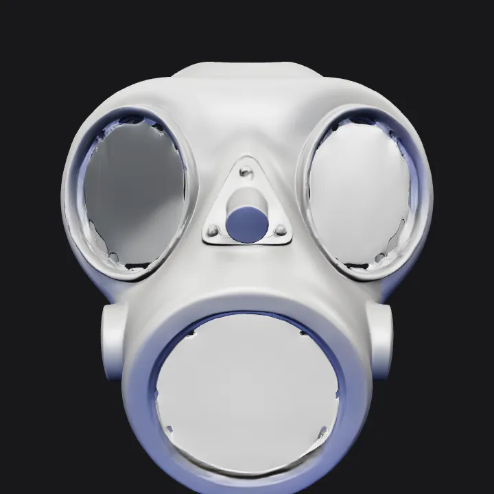 Gas mask facepiece with round eye openings. smooth edges, complex geometry, symmetric geometry.