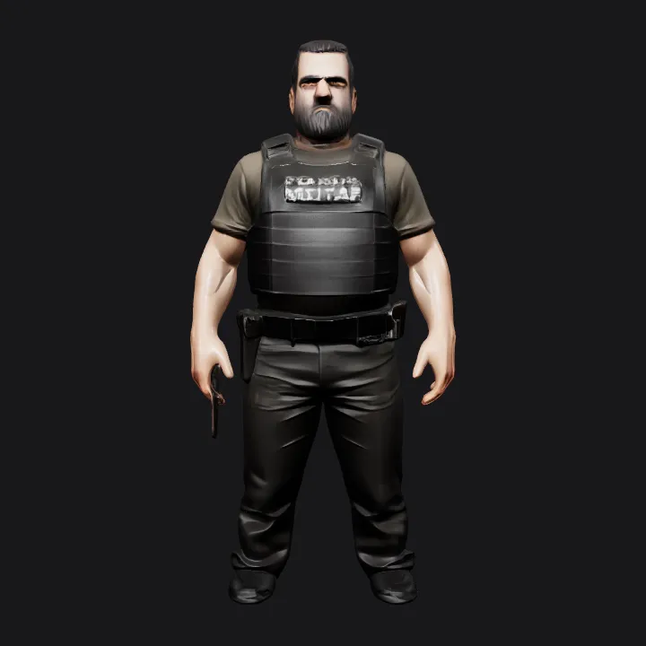 armed military police officer in uniform. complex geometry, character.