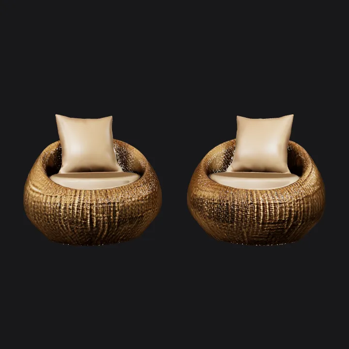 Round wicker chair with cushion. smooth edges, simple geometry, symmetric geometry.