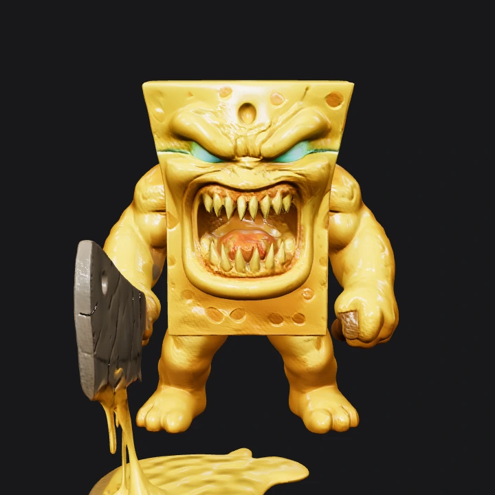 angry cheese monster holding cleaver. complex geometry, sharp edges, character.