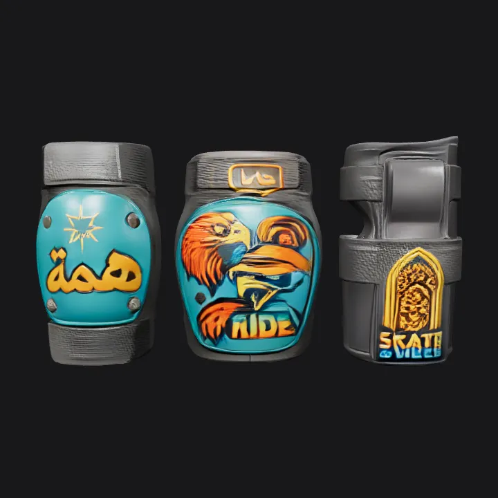 Colorful skate knee pads with graphic designs. smooth edges, complex geometry, game-ready, symmetric geometry.