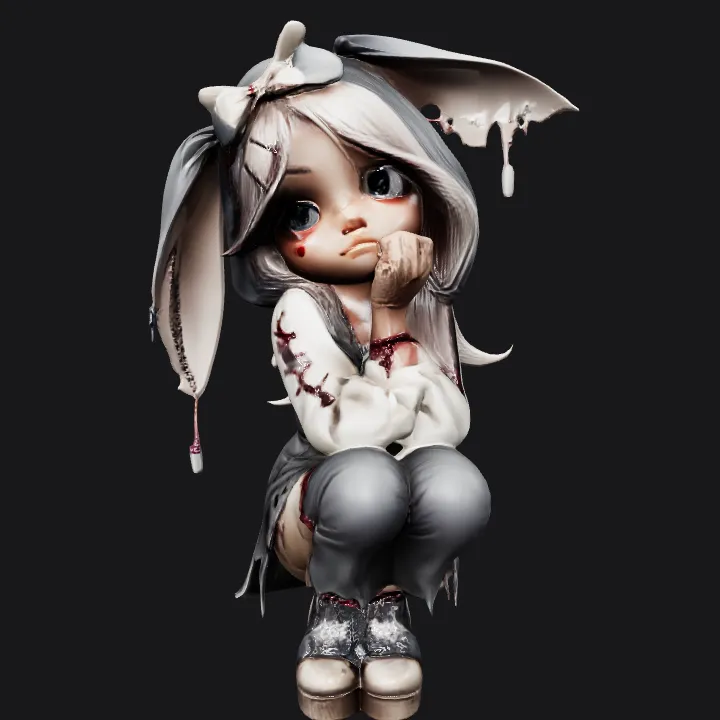 girl in tattered outfit sitting with head down. complex geometry, smooth edges, character.