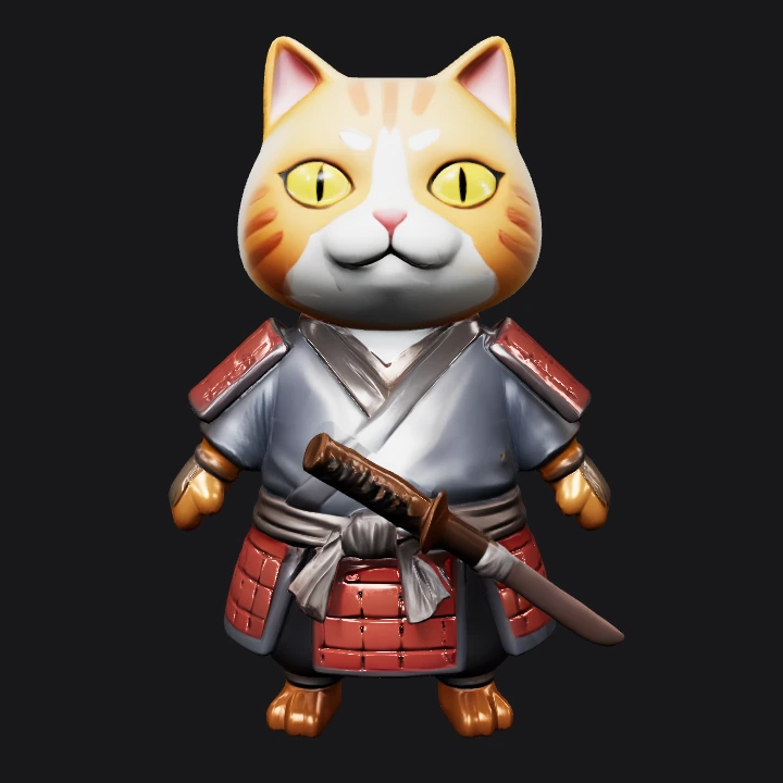 cartoon samurai cat with sword. smooth edges, simple geometry, game-ready, character, symmetric geometry.