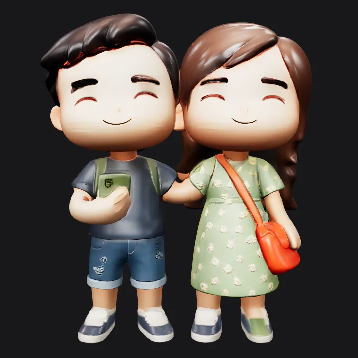 chibi style boy and girl figurines. smooth edges, simple geometry, character.