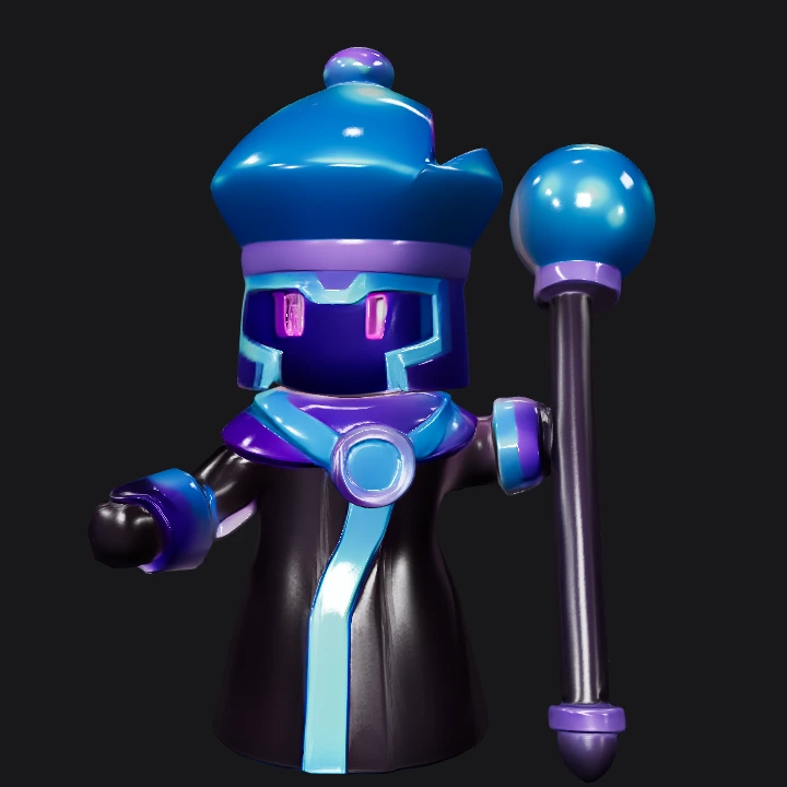 Cartoon wizard or mage holding a staff. smooth edges, simple geometry, game-ready, character, symmetric geometry.