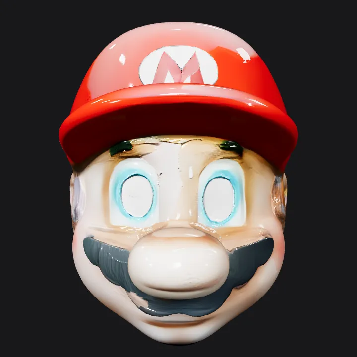 Mario character mask with exaggerated features. smooth edges, complex geometry, character, symmetric geometry.