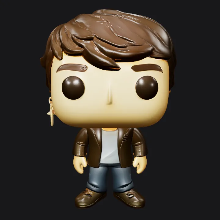 Stylized male figure Funko Pop doll. smooth edges, simple geometry, game-ready, character.