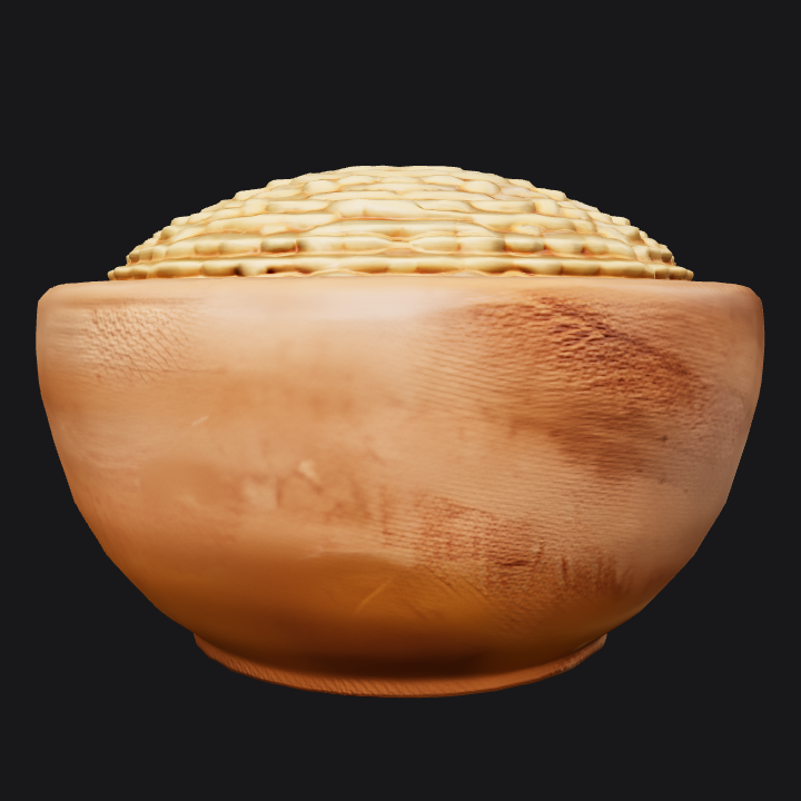 Wooden bowl filled with wheat grains. smooth edges, simple geometry, symmetric geometry.