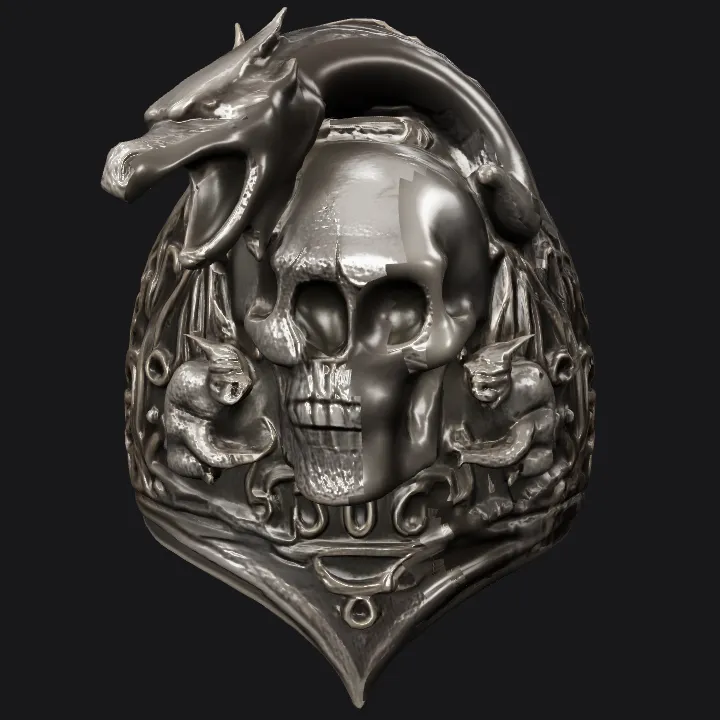 ornate ring with skull, dragon, and gargoyles. sharp edges, complex geometry, symmetric geometry.