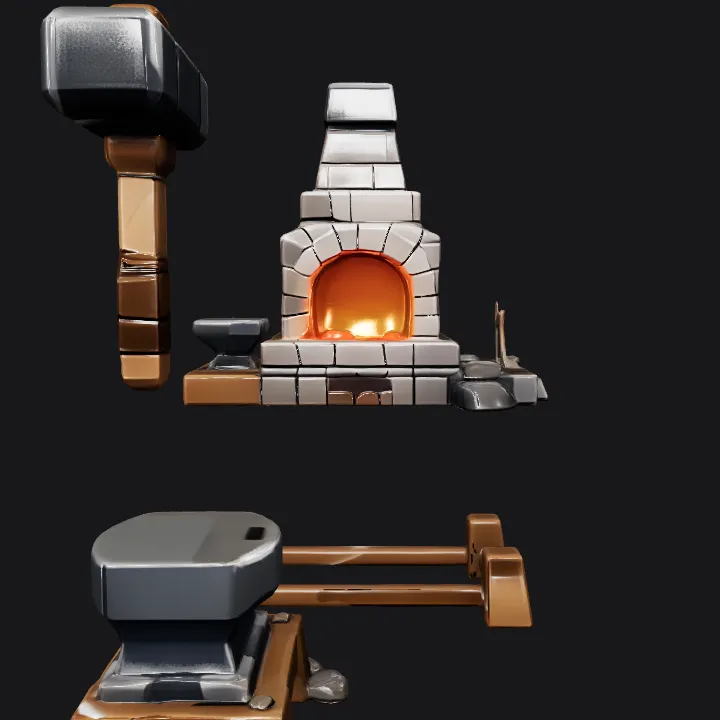 Medieval blacksmith forge and tools set. sharp edges, simple geometry, game-ready, symmetric geometry.