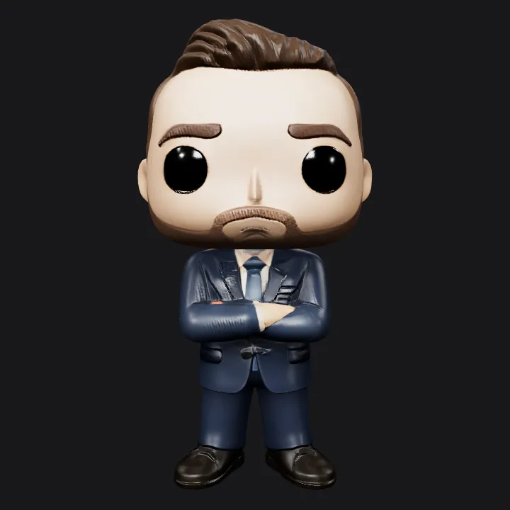 Funko Pop figurine of a man in suit. smooth edges, simple geometry, game-ready, character, symmetric geometry.