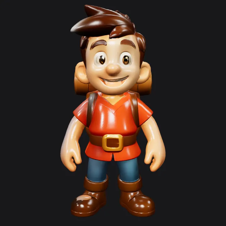 Cartoon boy adventurer with a backpack. smooth edges, complex geometry, game-ready, character, symmetric geometry.
